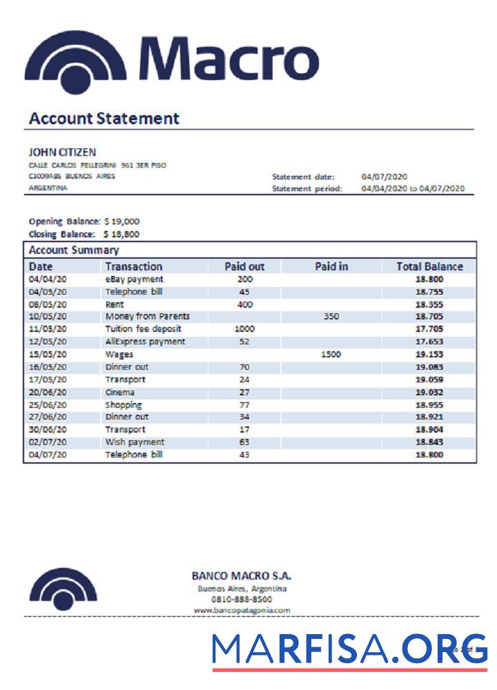 Realistic Argentina Banco Macro S.A. bank statement sample